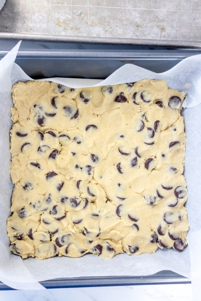 Chocolate Chip cookie dough pressed in pan
