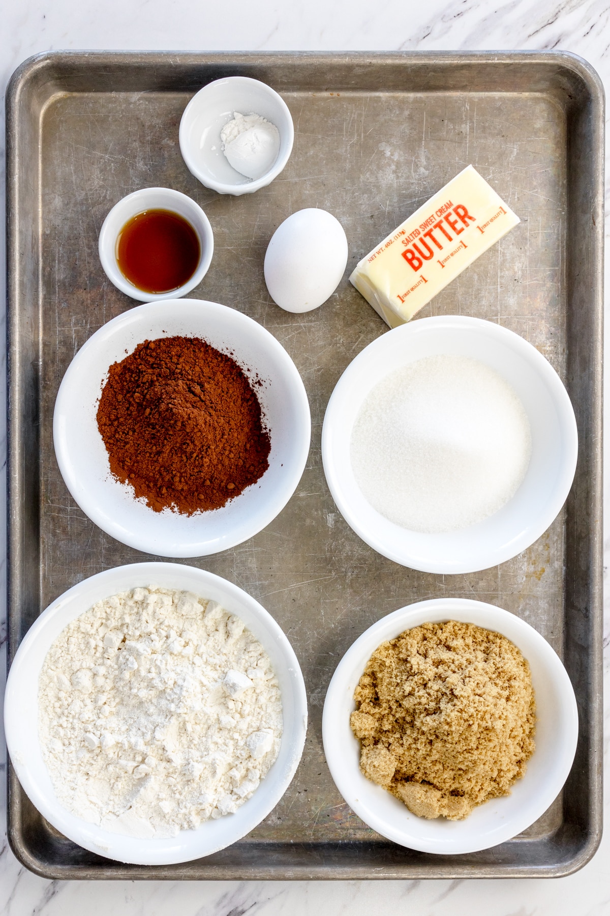 Top view of ingredients needed to make Chocolate Snickerdoodle Cookies.