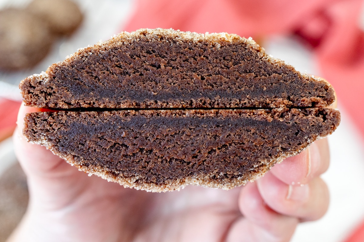 Close up of someone holding up a chocolate snickerdoodle that's been cut in half, showing the inside of the cookie.