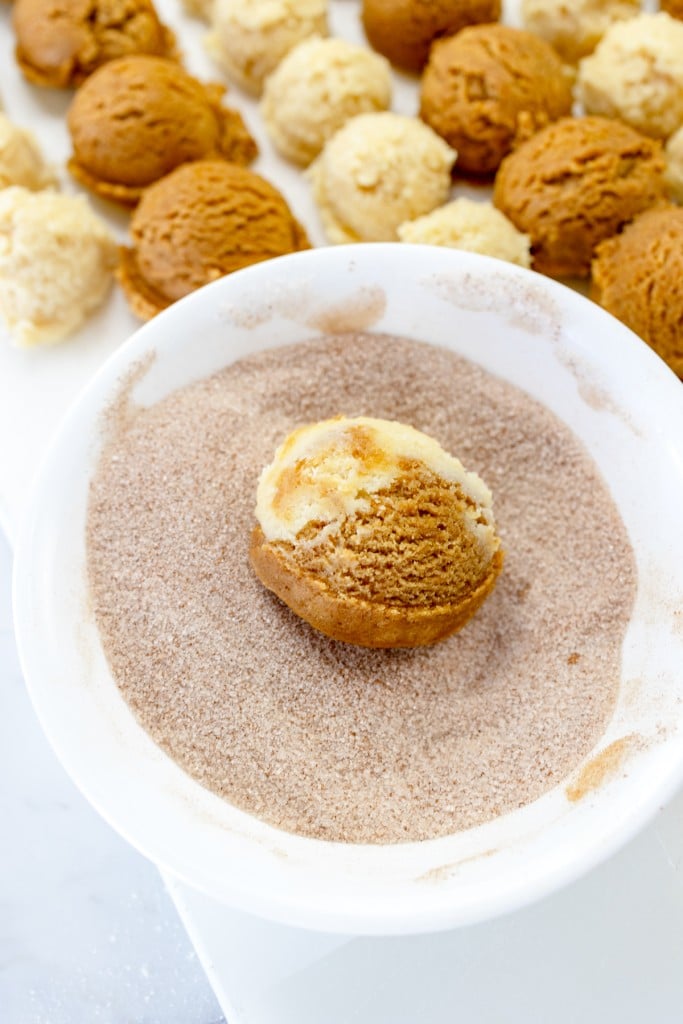 Close up of a gingerdoodle cookie dough ball being rolled in cinnamon sugar in a white bowl.