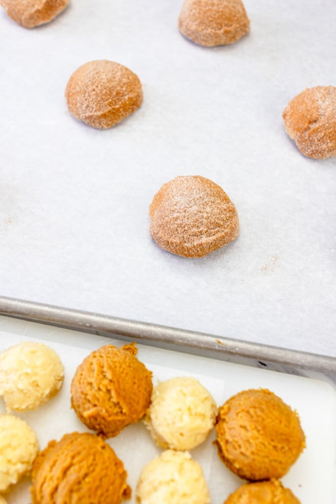 Close up of gingerdoodle cookie dough balls on a baking tray lined with parchment paper.