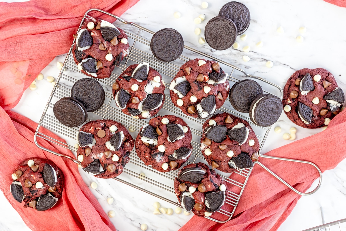 Red Velvet Oreo Cookies on cooling rack