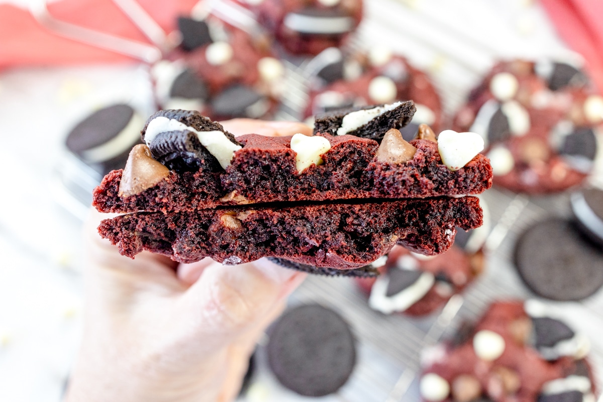 Red Velvet Oreo Cookie cut in half showing center