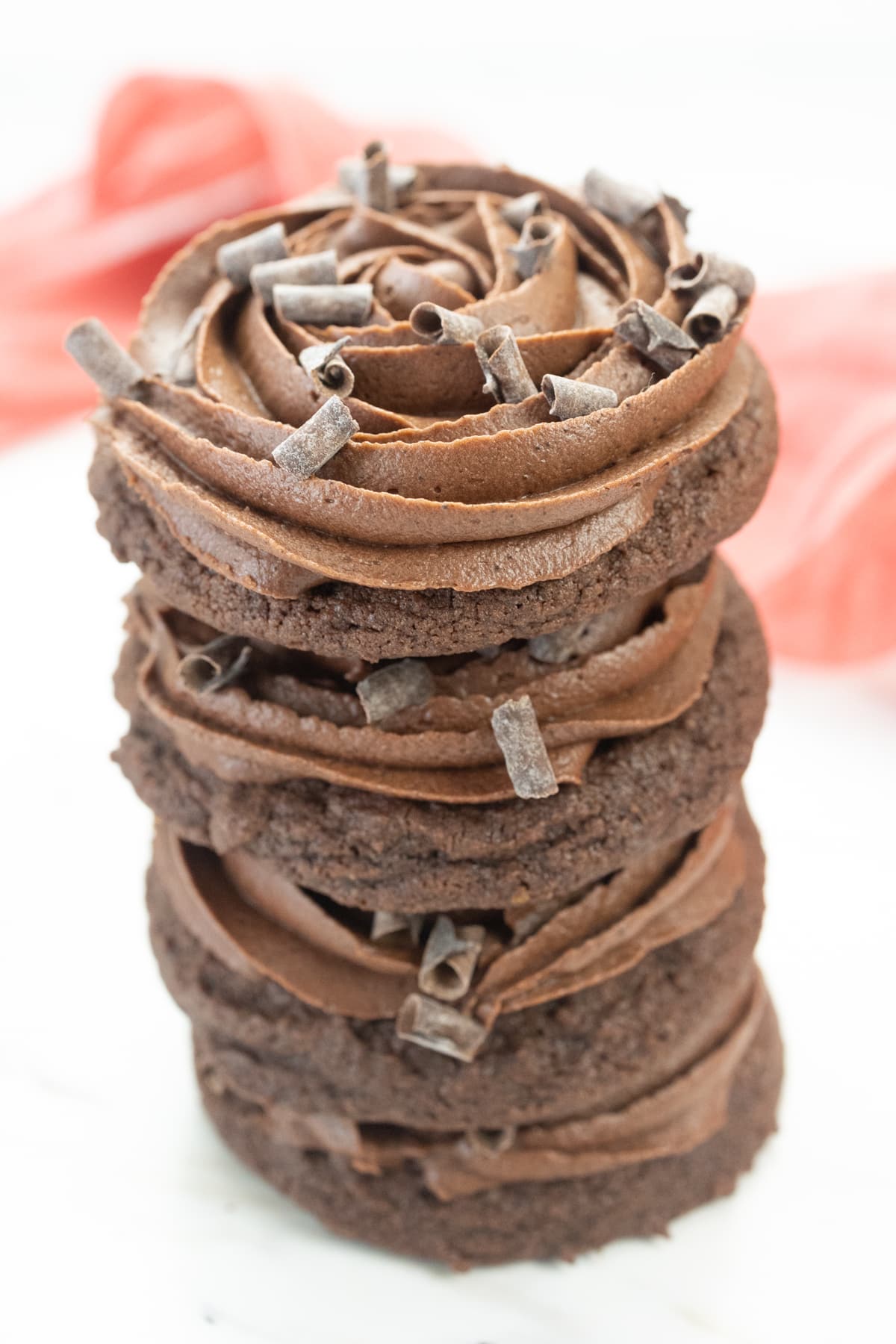 Close up of a stack of chocolate cake cookies.