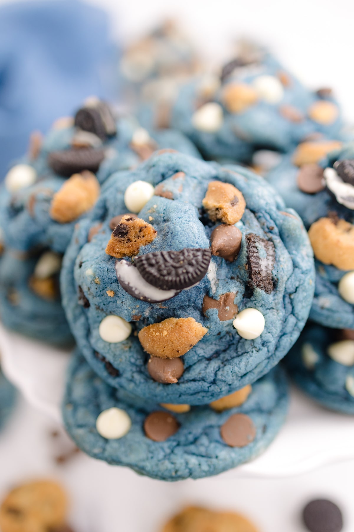 TOp view close up of Cookie Monster Cookies in a pile.