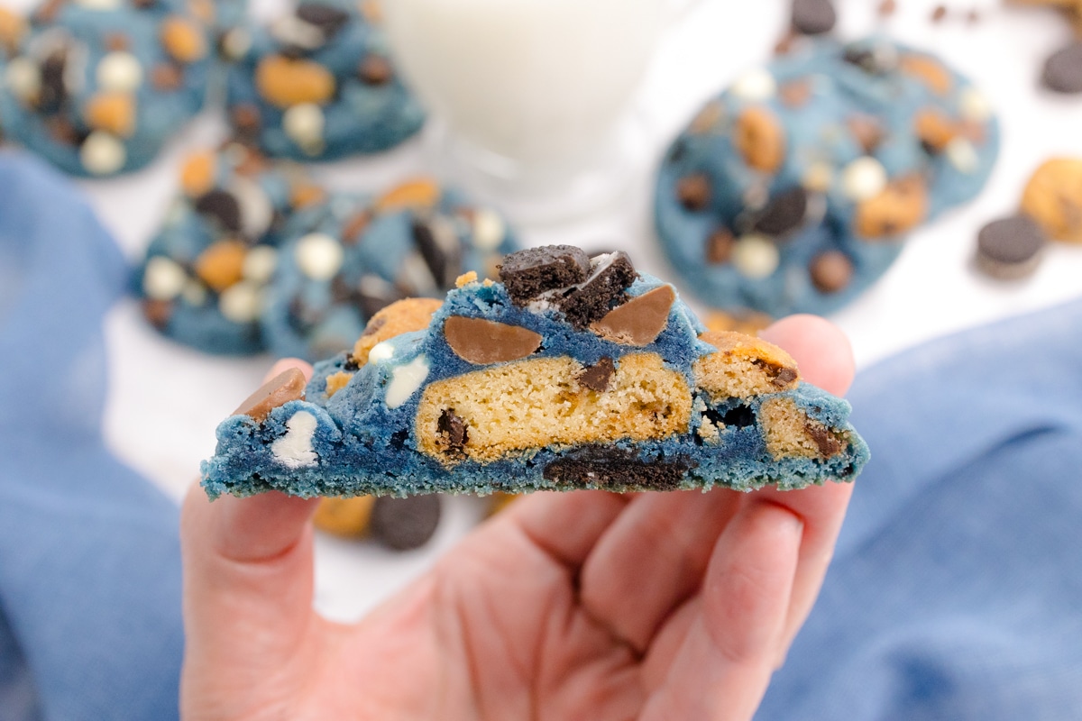 Close up of the inside of a Cookie Monster Cookie, showing the two colors of cookie.