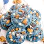 Top view of a pile of Cookie Monster Cookies.