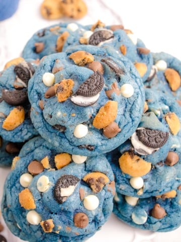 Top view of a pile of Cookie Monster Cookies.