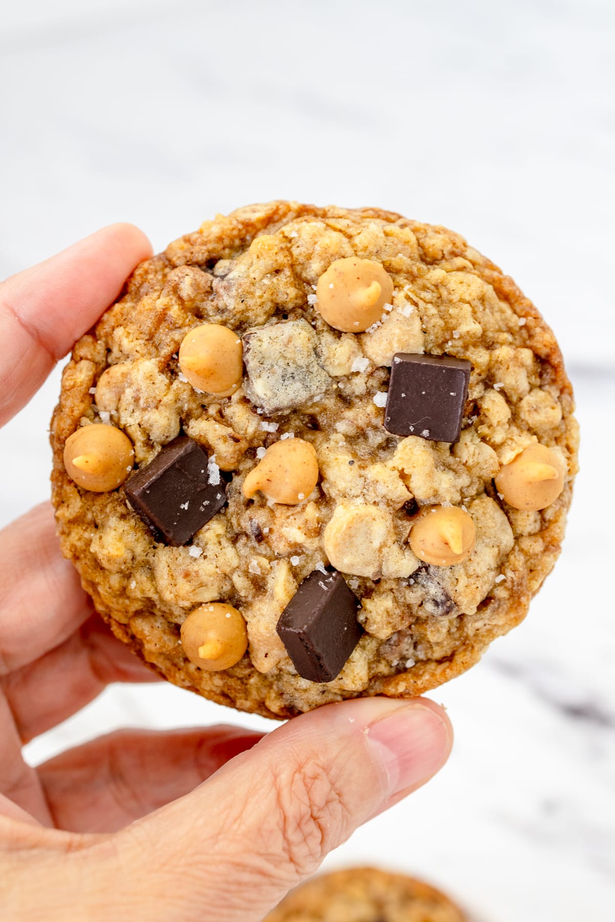 Close up of a Mom's Recipe Cookie being held in mid-air.