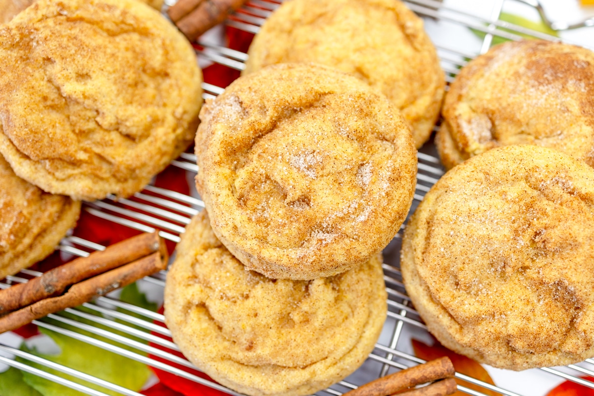 Top view of Pumpkin Snickerdoodle Cookies on a wire rack.