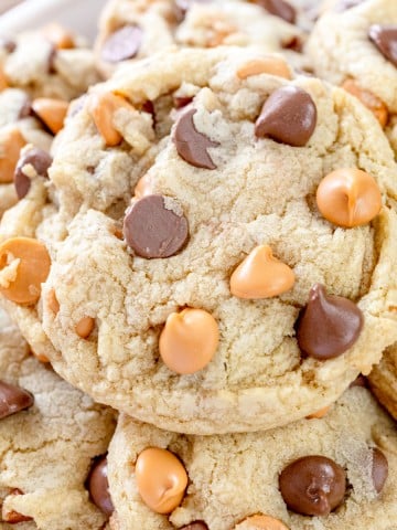 Close up view of Butterscotch Chocolate Chip Cookie stacked on top of each other.