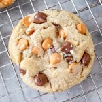 Close up view of Butterscotch Chocolate Chip Cookie on a wire rack.