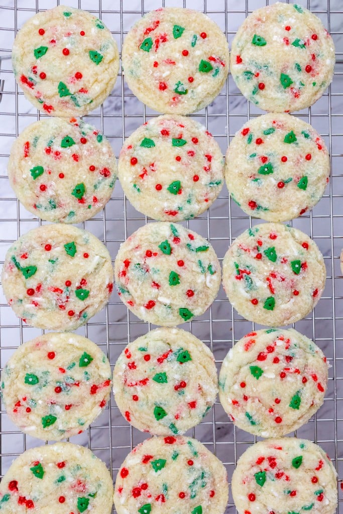 Top view of Christmas Sugar Cookies on a wire rack.