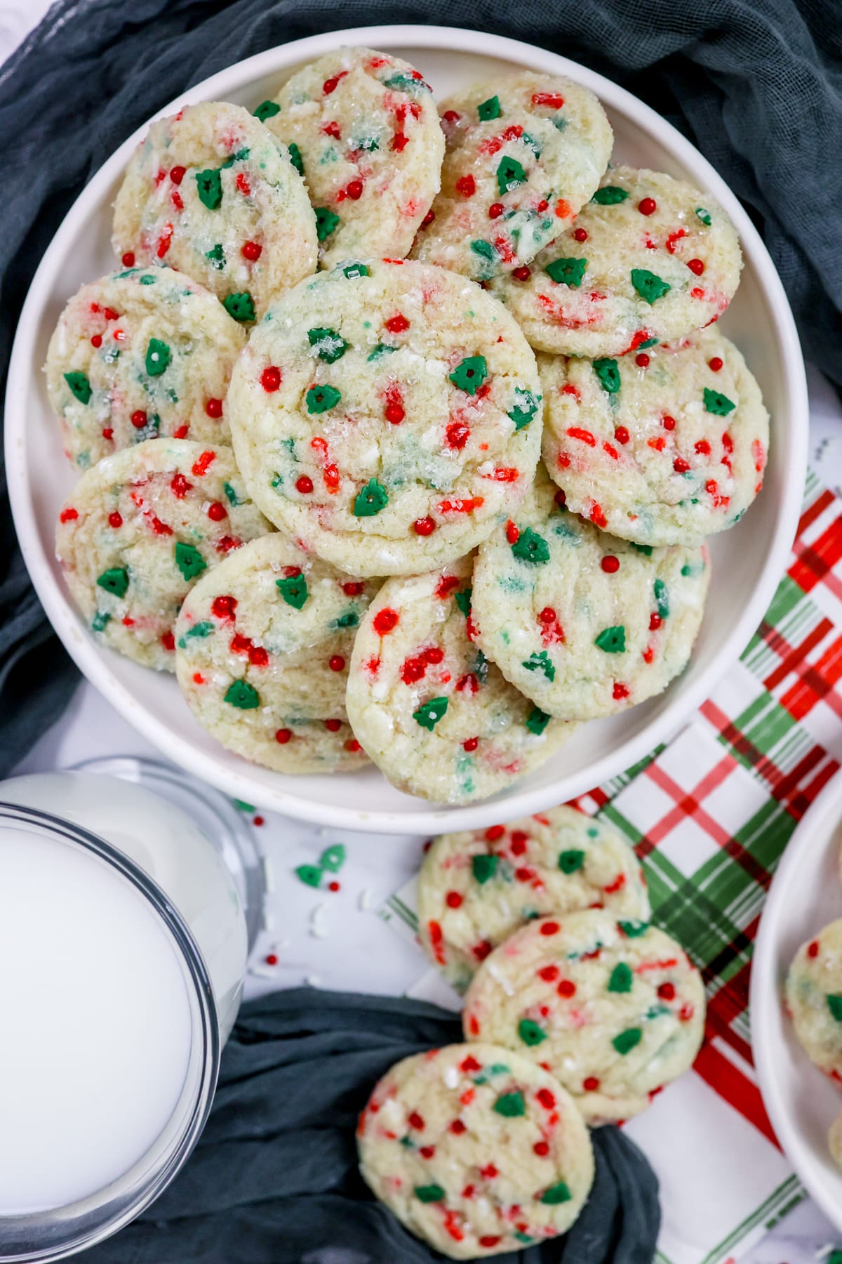 Top view of Christmas Sugar Cookies in a bowl on a table.