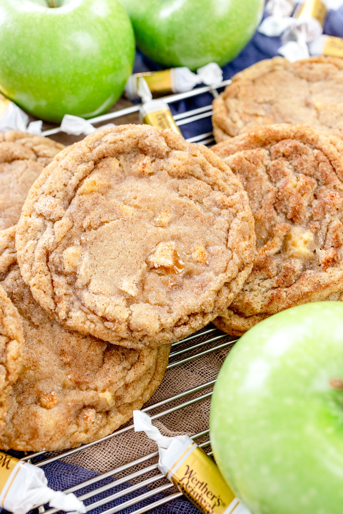 Top view close up of caramel apple snickerdoodle cookies.