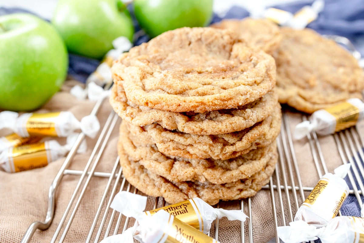 Caramel Apple Snickerdoodle Cookies on a wire rack.