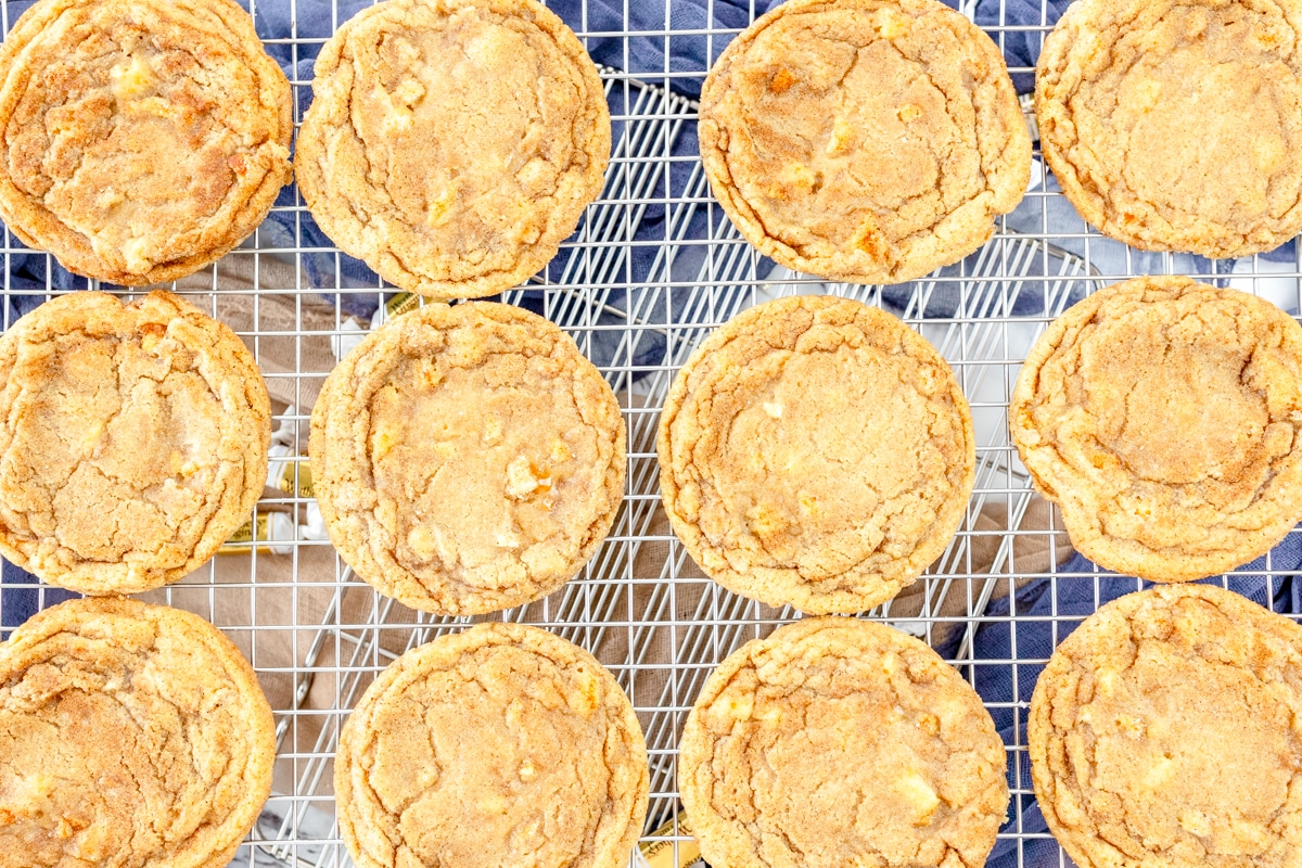 Top view of Caramel Apple Cookies on a wire rack.