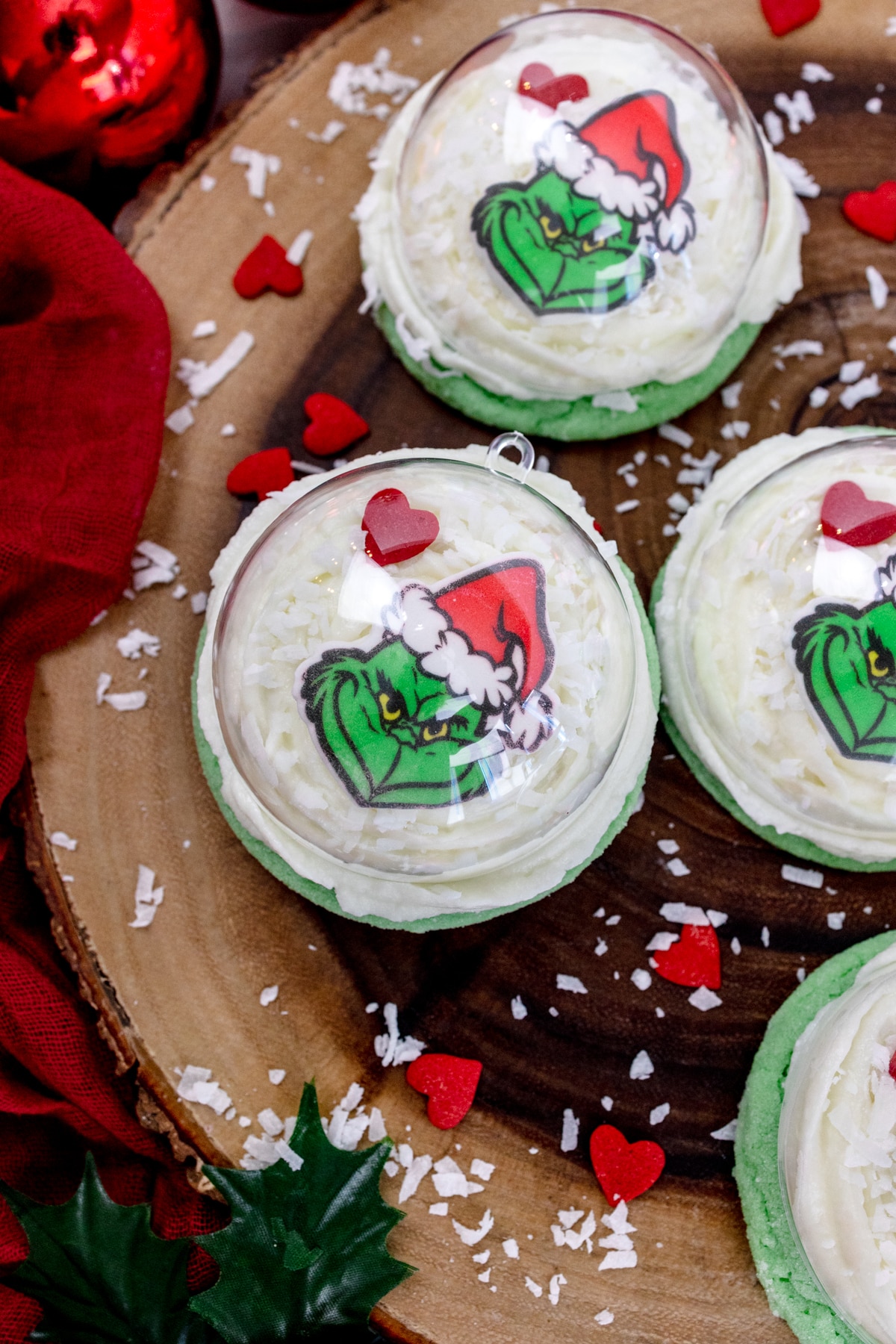 Grinch Snow Globe Cookies on tray