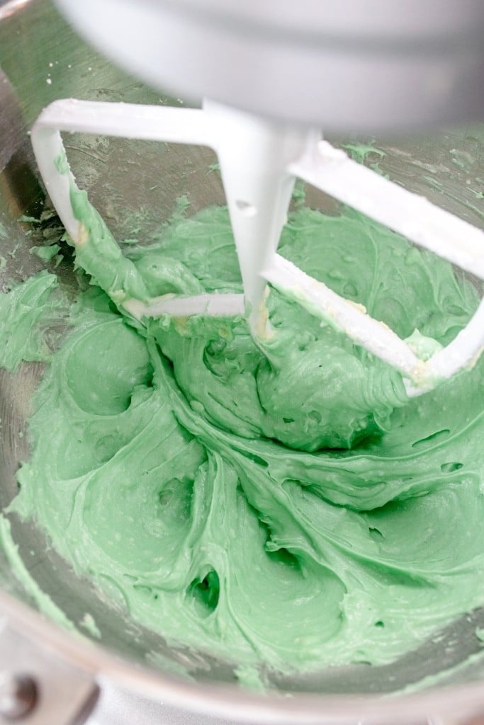 Add green food coloring to butter mixture before adding dry ingredients