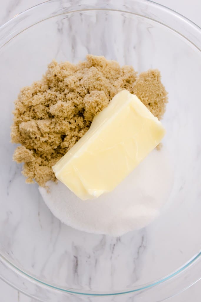 Butter, Brown Sugar and Granulated Sugar in bowl