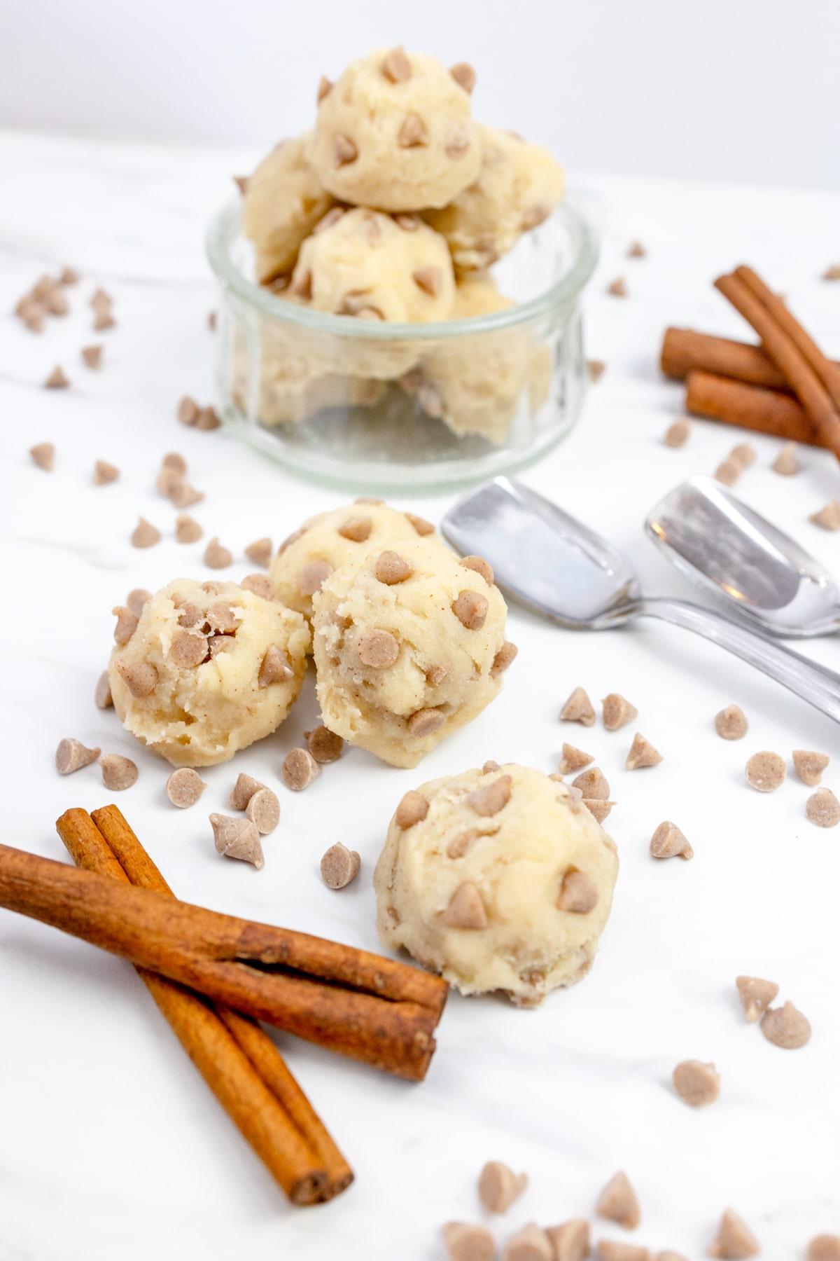 Close up view of Edible Snickerdoodle Cookie Dough balls.