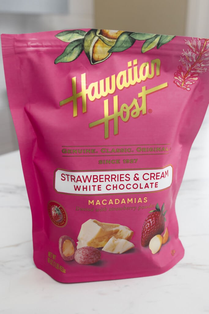 A close up image of a bag of Strawberries and Chocolate Macadamia Nuts Hawaiian Host Brand.