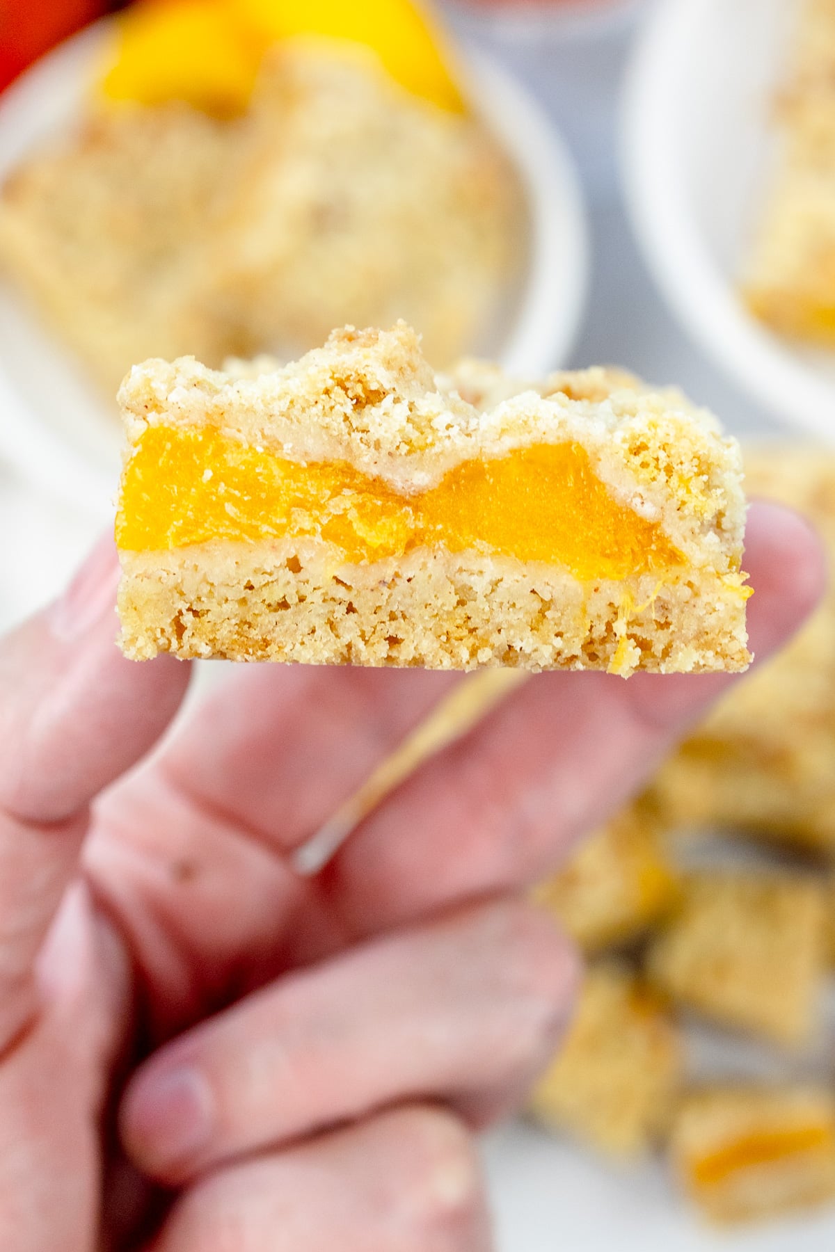 Close up image of a hand holding a Peach Pie Bar.