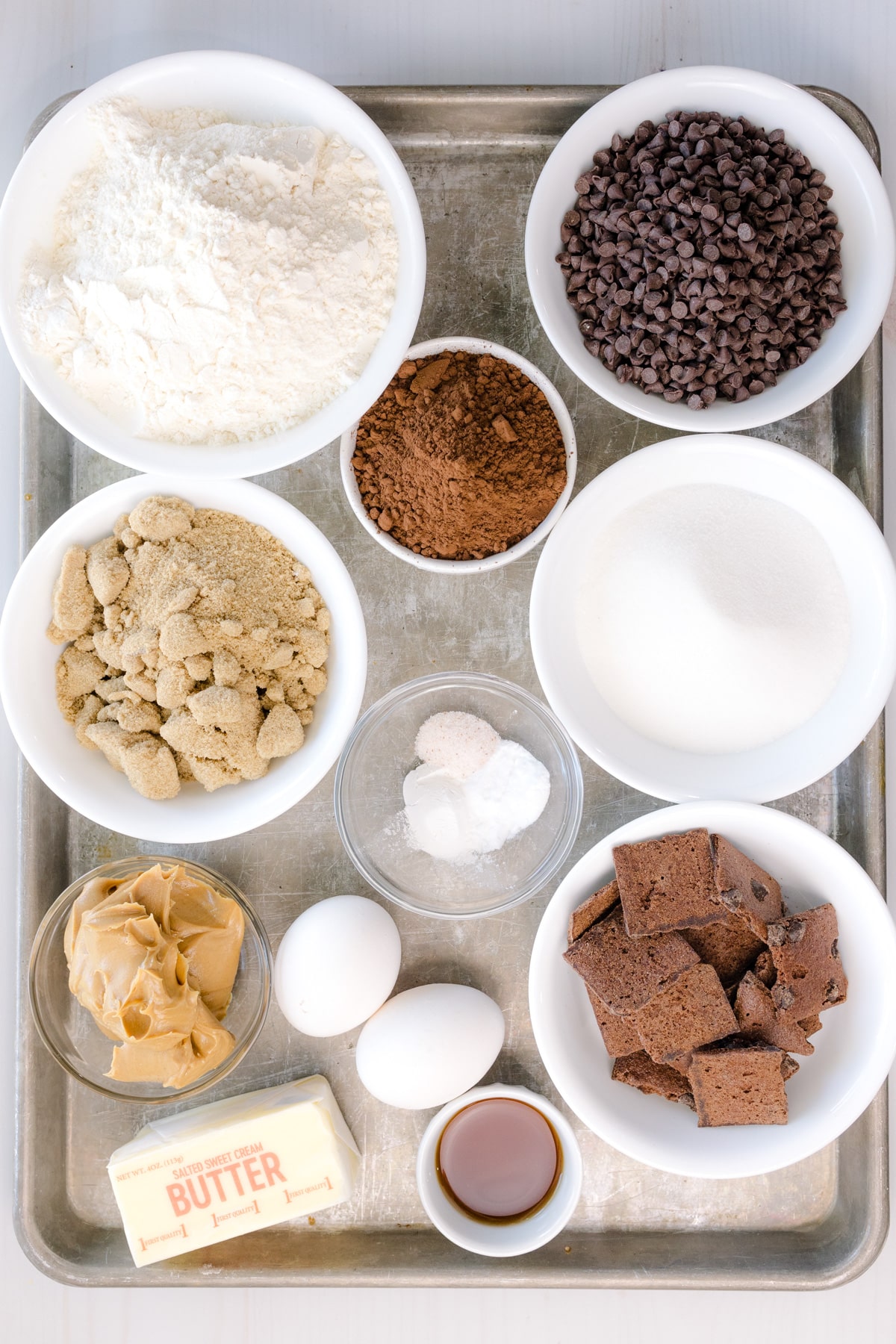 Overhead shot of ingredients needed to make Peanut Butter Stuffed Chocolate Cookies.