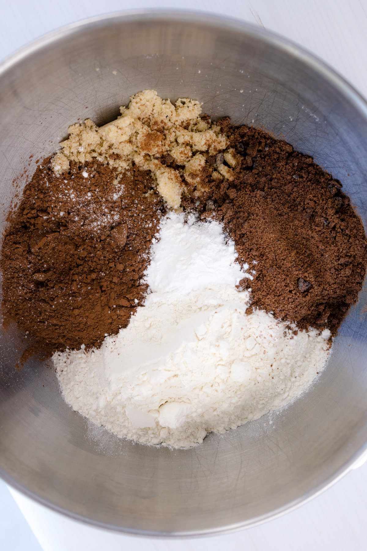 Overhead shot of dry ingredients ready to be mixed with butter mixture.